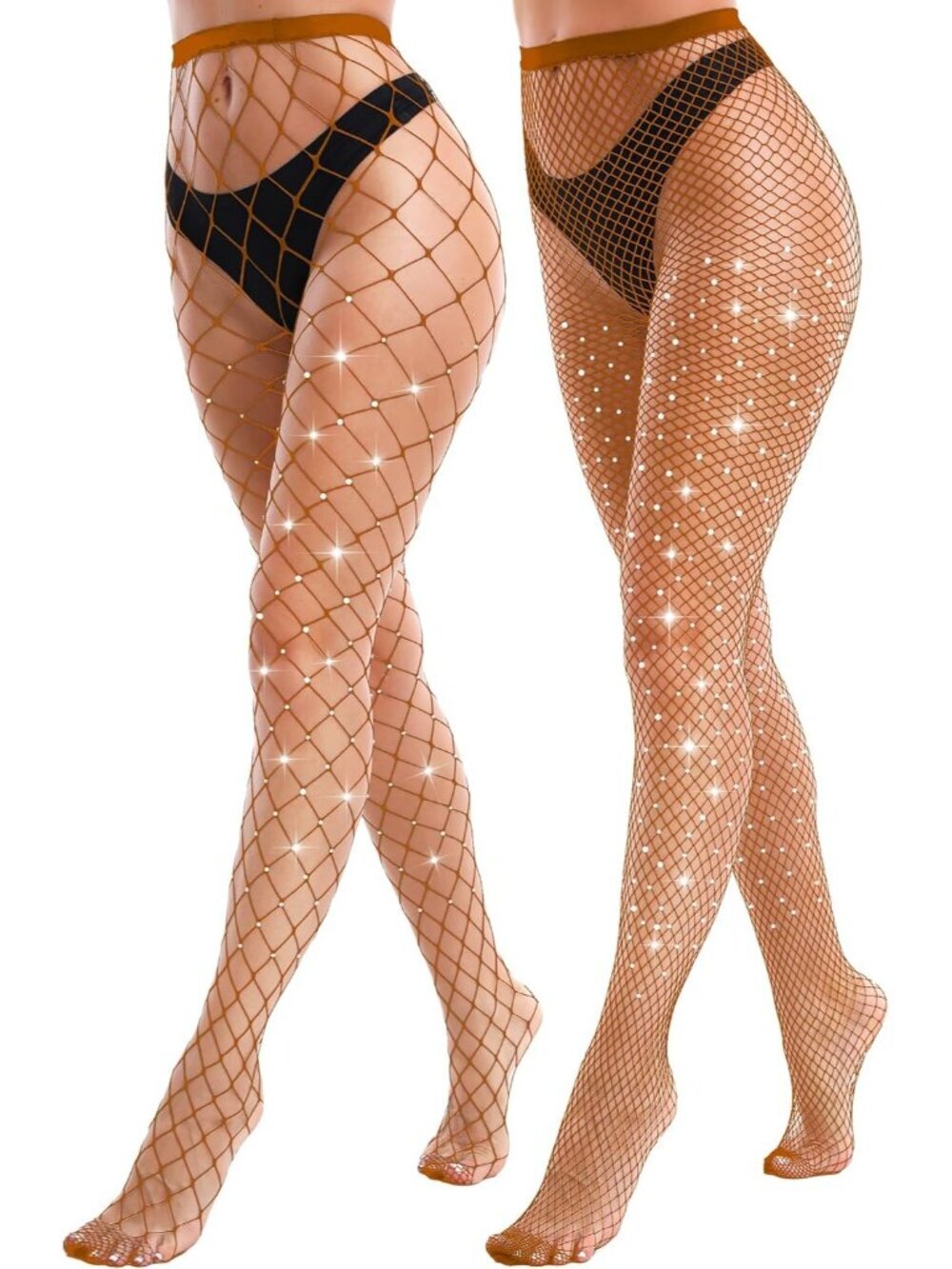 Women's Coffee 2 Pack Sparkly Glitter Rhinestone Mesh Fishnet Stockings Tights